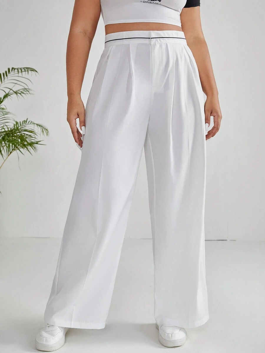 SHEIN EZwear 大碼高腰拼接細節闊腿褲 - 白色 - 查看 1