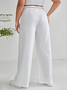 SHEIN EZwear 大碼高腰拼接細節闊腿褲 - 白色 - 查看 2