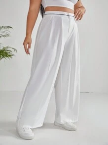 SHEIN EZwear 大碼高腰拼接細節闊腿褲 - 白色 - 查看 3