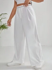 SHEIN EZwear 大碼高腰拼接細節闊腿褲 - 白色 - 查看 4