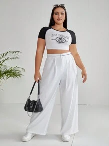 SHEIN EZwear 大碼高腰拼接細節闊腿褲 - 白色 - 查看 5