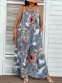 SHEIN LUNE Cami Jumpsuit mit weitem Beinschnitt, Paisley Muster, - Verschiedenfarbig - Übersicht 1