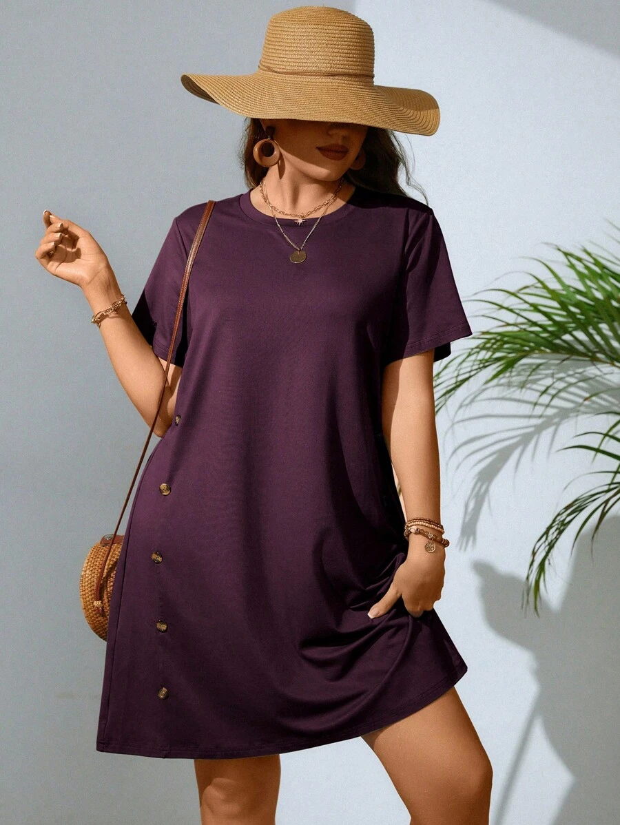 SHEIN Essnce Vestido estilo camiseta con diseño de botón - Morado - Ver 1