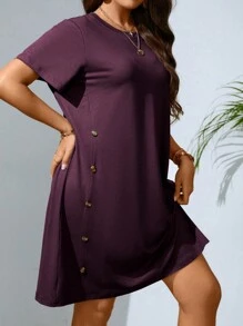 SHEIN Essnce Vestido estilo camiseta con diseño de botón - Morado - Ver 5