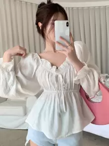 Joudiya Casual Solid Color Cinched Waist 2-In-1 Long Sleeve Shirt, Autumn,Ruffle,Off Shoulder Top,Back To School Clothes,Fall Women Clothes Valentine's Day - White - View 2