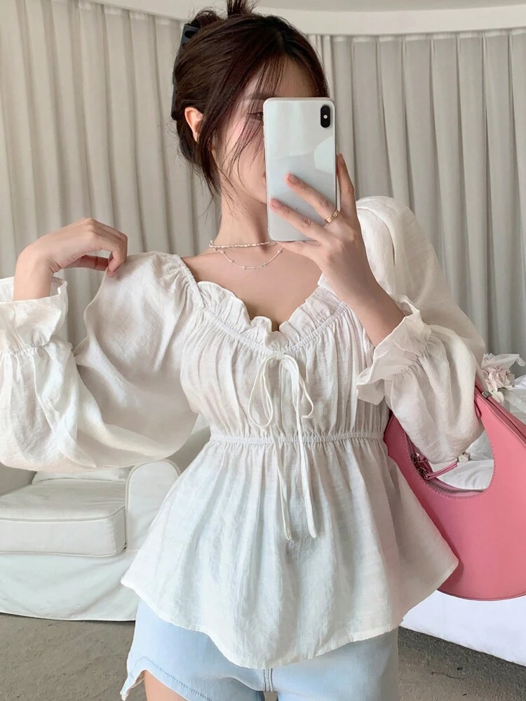 Casual Solid Color Cinched Waist 2-In-1 Long Sleeve Shirt, Autumn,Ruffle,Off Shoulder Top,Back To School Clothes,Fall Women Clothes Valentine's Day