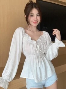 Joudiya Casual Solid Color Cinched Waist 2-In-1 Long Sleeve Shirt, Autumn,Ruffle,Off Shoulder Top,Back To School Clothes,Fall Women Clothes Valentine's Day - White - View 3