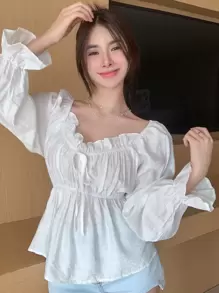 Joudiya Casual Solid Color Cinched Waist 2-In-1 Long Sleeve Shirt, Autumn,Ruffle,Off Shoulder Top,Back To School Clothes,Fall Women Clothes Valentine's Day - White - View 5