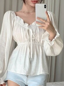Joudiya Casual Solid Color Cinched Waist 2-In-1 Long Sleeve Shirt, Autumn,Ruffle,Off Shoulder Top,Back To School Clothes,Fall Women Clothes Valentine's Day - White - View 9