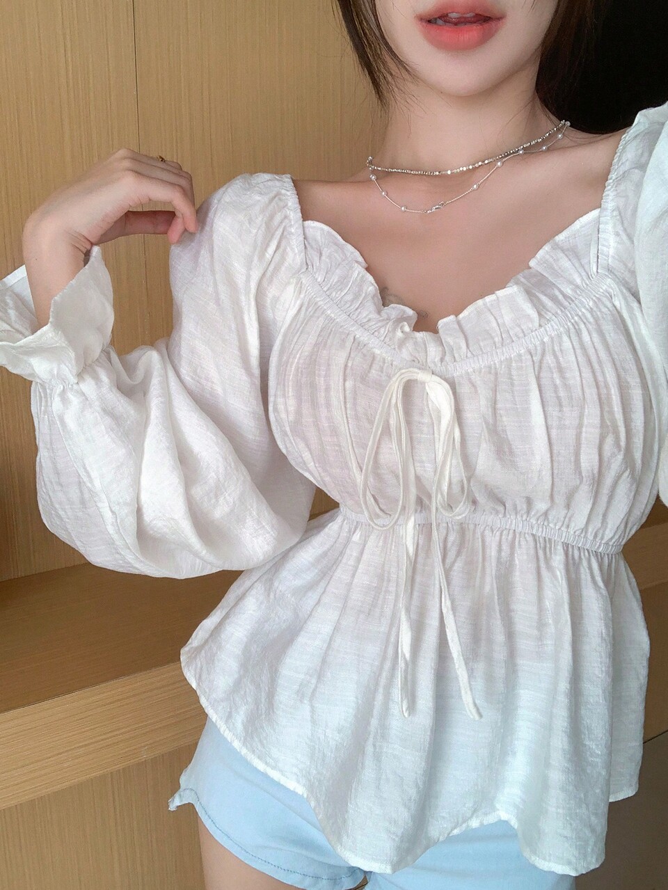 Casual Solid Color Cinched Waist 2-In-1 Long Sleeve Shirt, Autumn,Ruffle,Off Shoulder Top,Back To School Clothes,Fall Women Clothes Valentine's Day