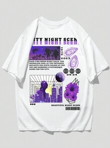 ROMWE MEN Street Life 男式标语图案 Y2k T 恤，学校 - 白色 - 查看 1