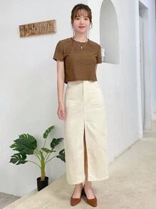 DAZY 素色紋理質感T恤 - 棕色 - 查看 4