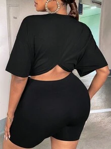 Slaydiva Áo thun Plus size Bất đối xứng Chia Thắt nơ trước Ô tô/xe hơi Slogan Giải trí - màu đen - Xem 2