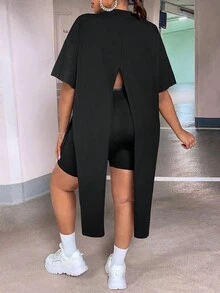 Slaydiva Áo thun Plus size Bất đối xứng Chia Thắt nơ trước Ô tô/xe hơi Slogan Giải trí - màu đen - Xem 5