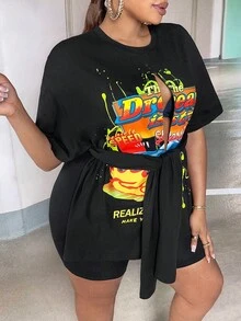 Slaydiva Áo thun Plus size Bất đối xứng Chia Thắt nơ trước Ô tô/xe hơi Slogan Giải trí - màu đen - Xem 6