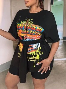 Slaydiva Áo thun Plus size Bất đối xứng Chia Thắt nơ trước Ô tô/xe hơi Slogan Giải trí - màu đen - Xem 3