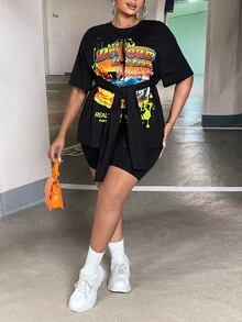 Slaydiva Áo thun Plus size Bất đối xứng Chia Thắt nơ trước Ô tô/xe hơi Slogan Giải trí - màu đen - Xem 4