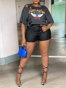 Slaydiva 大碼翅膀和字母圖案破洞落肩T恤 - 深灰色 - 查看 5