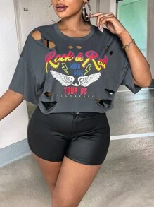 Slaydiva 大碼翅膀和字母圖案破洞落肩T恤 - 深灰色 - 查看 1