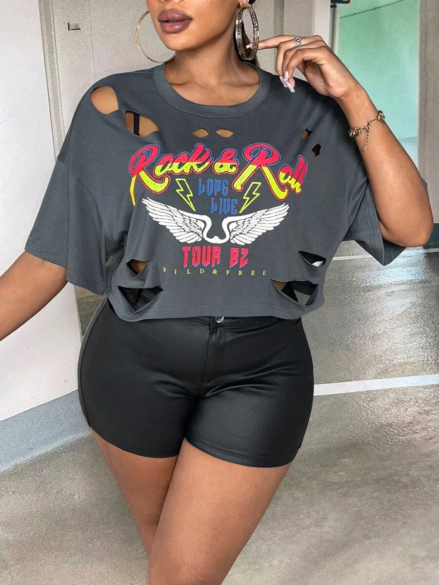 Slaydiva 大碼翅膀和字母圖案破洞落肩T恤 - 深灰色 - 查看 1