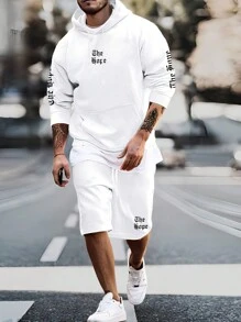 Manfinity LEGND 男士字母圖案袋鼠口袋連帽衫和短褲 - 白色 - 查看 1