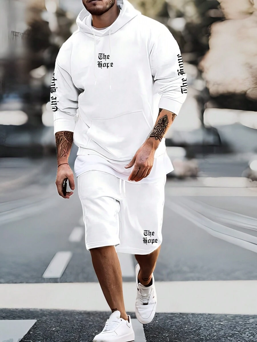 Manfinity LEGND 男士字母圖案袋鼠口袋連帽衫和短褲 - 白色 - 查看 1