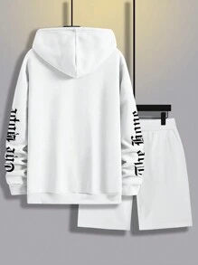 Manfinity LEGND 男士字母圖案袋鼠口袋連帽衫和短褲 - 白色 - 查看 2