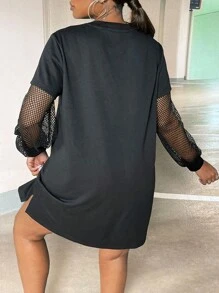 Slaydiva Plus Slogan Graphic Contrast Mesh Lantern Sleeve Sweatshirt Dress - Black - View 4