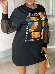 Slaydiva Plus Slogan Graphic Contrast Mesh Lantern Sleeve Sweatshirt Dress - Black - View 5