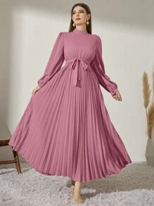 Modelyn Mock Neck Long Lantern Sleeve Pleated Hem Belted Modest Dress Long Evening Dresses - Mauve Purple - View 1