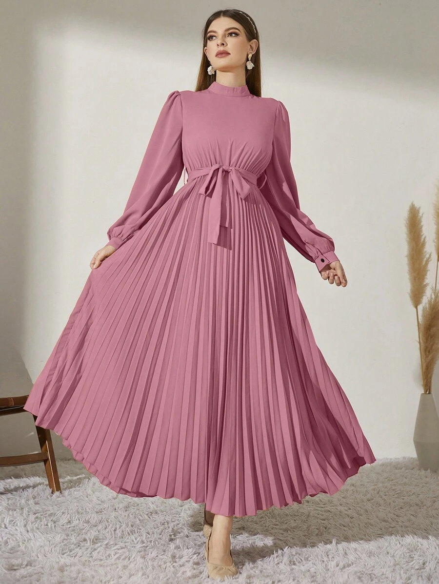Modelyn Mock Neck Long Lantern Sleeve Pleated Hem Belted Modest Dress Long Evening Dresses - Mauve Purple - View 1