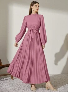 Modelyn Mock Neck Long Lantern Sleeve Pleated Hem Belted Modest Dress Long Evening Dresses - Mauve Purple - View 3