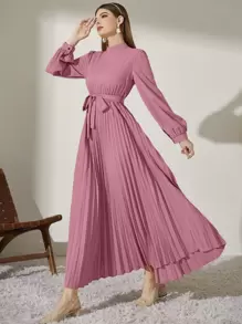 Modelyn Mock Neck Long Lantern Sleeve Pleated Hem Belted Modest Dress Long Evening Dresses - Mauve Purple - View 4
