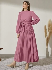 Modelyn Mock Neck Long Lantern Sleeve Pleated Hem Belted Modest Dress Long Evening Dresses - Mauve Purple - View 6