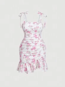 SHEIN MOD 大碼印花肩上打結荷葉邊吊帶連衣裙 - 彩色 - 查看 1