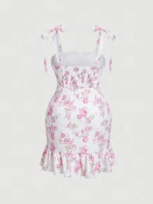 SHEIN MOD 大碼印花肩上打結荷葉邊吊帶連衣裙 - 彩色 - 查看 2