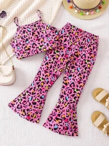 SHEIN 女小童豹紋印花吊帶上衣和喇叭褲 - 粉色 - 查看 1
