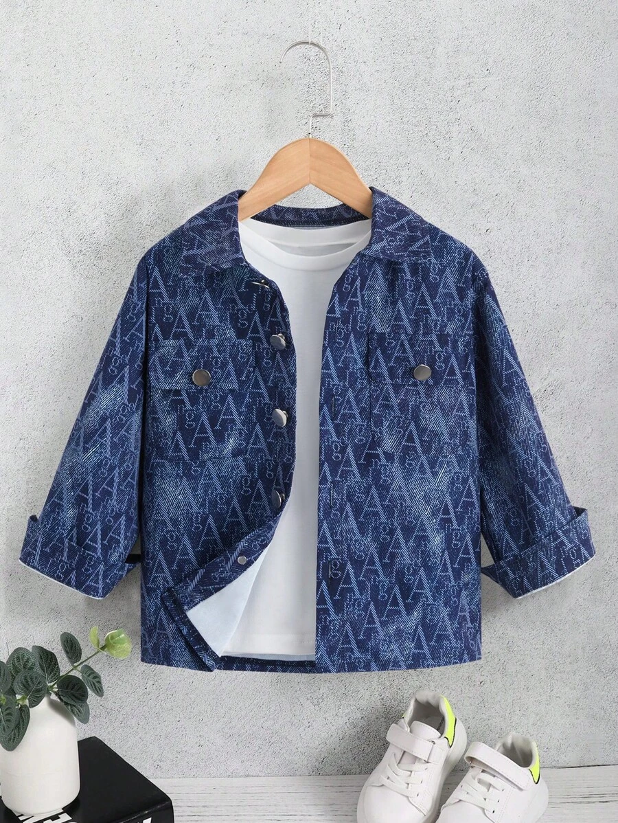 SHEIN Young Boy Letter Graphic Flap Pocket Button Front Coat Without Tee