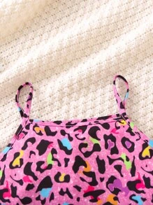 SHEIN 女小童豹紋印花吊帶上衣和喇叭褲 - 粉色 - 查看 3