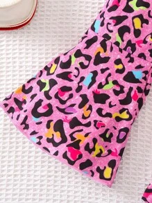 SHEIN 女小童豹紋印花吊帶上衣和喇叭褲 - 粉色 - 查看 4