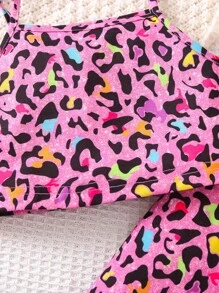SHEIN 女小童豹紋印花吊帶上衣和喇叭褲 - 粉色 - 查看 5