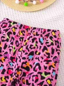 SHEIN 女小童豹紋印花吊帶上衣和喇叭褲 - 粉色 - 查看 6