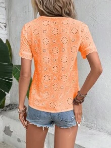 SHEIN LUNE Áo sơ mi nữ Tương phản ren Sò điệp Tranh thêu màu trơn Boho - trái cam - Xem 2