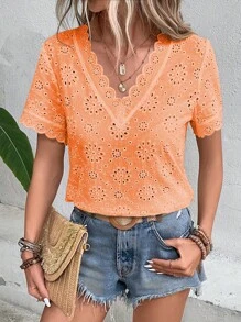 SHEIN LUNE Áo sơ mi nữ Tương phản ren Sò điệp Tranh thêu màu trơn Boho - trái cam - Xem 3
