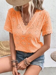 SHEIN LUNE Áo sơ mi nữ Tương phản ren Sò điệp Tranh thêu màu trơn Boho - trái cam - Xem 6
