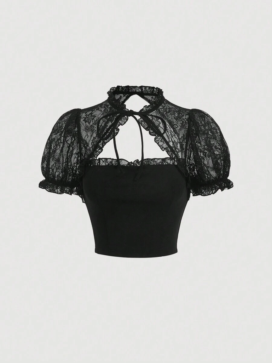 SHEIN MOD 蕾絲拼接泡泡袖繫帶領褶邊T恤 - 黑色 - 查看 1
