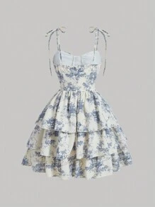 SHEIN MOD 樹圖案前繫帶多層下擺吊帶連衣裙 - 藍白色 - 查看 2