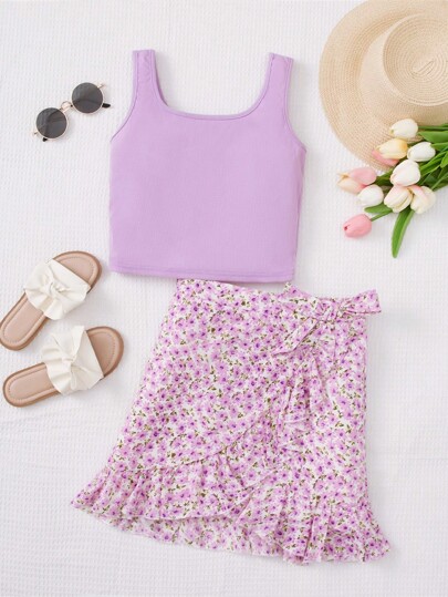 SHEIN Teen Girls Solid Tank Top & Ditsy Floral Print Knot Side Ruffle Trim Wrap Skirt