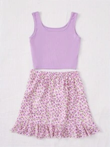 SHEIN Leap Crew Teen Girls Solid Tank Top & Ditsy Floral Print Knot Side Ruffle Trim Wrap Skirt