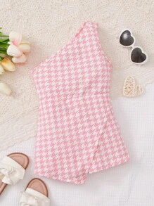 SHEIN Young Girl Houndstooth Print One Shoulder Asymmetrical Hem Romper